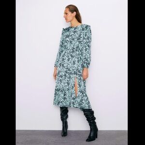 MOVING 5/17! Light Blue Floral Satin ZARA Midi Dress Long Sleeve Ruffles